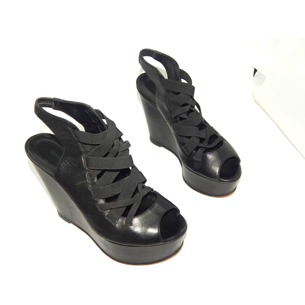 Georgina Goodman Black Leather Wedge Peep Toe Slingback Size 6